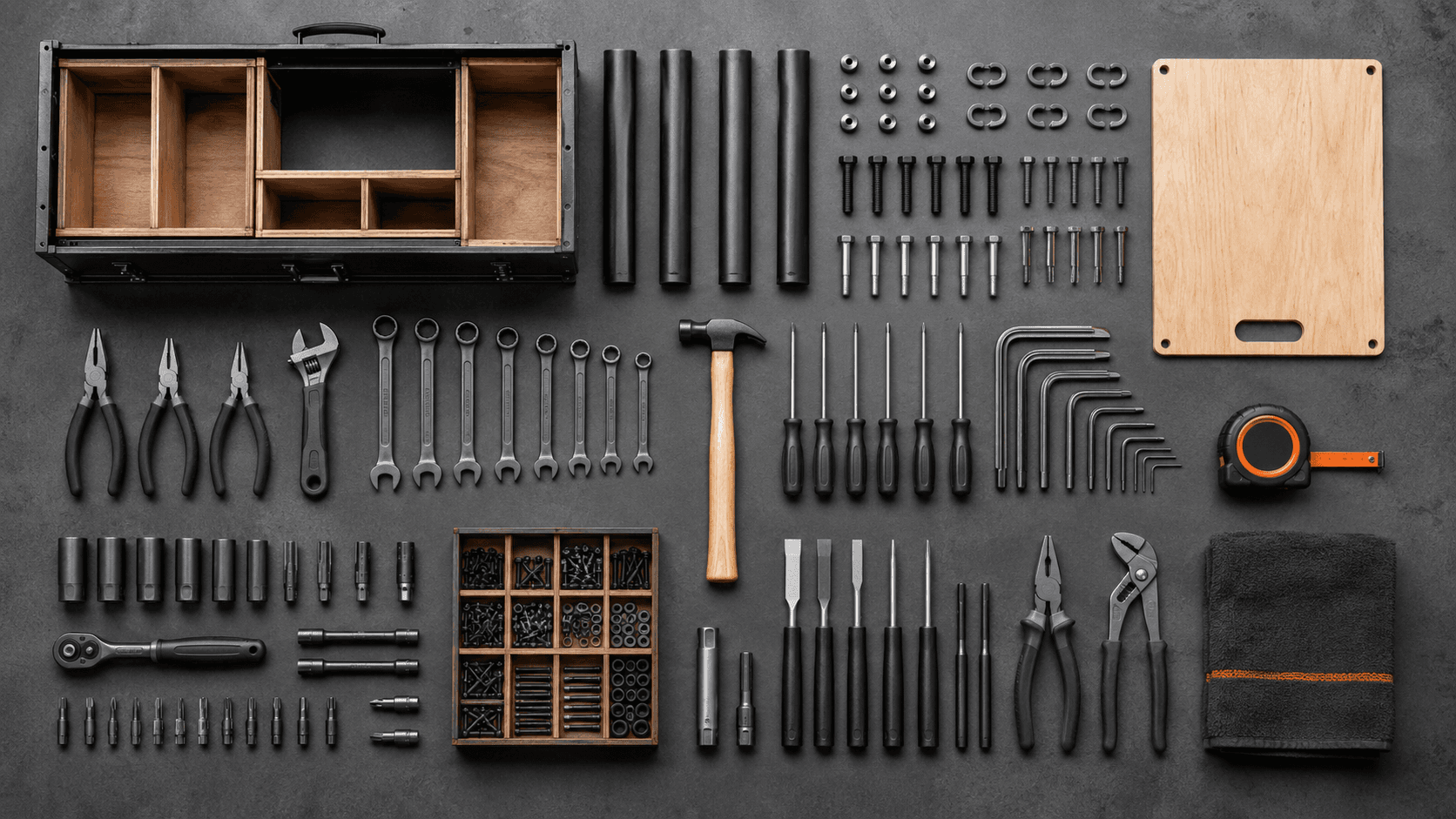 A tool kit unpacked and arranged in a perfect grid on a charcoal steel bench