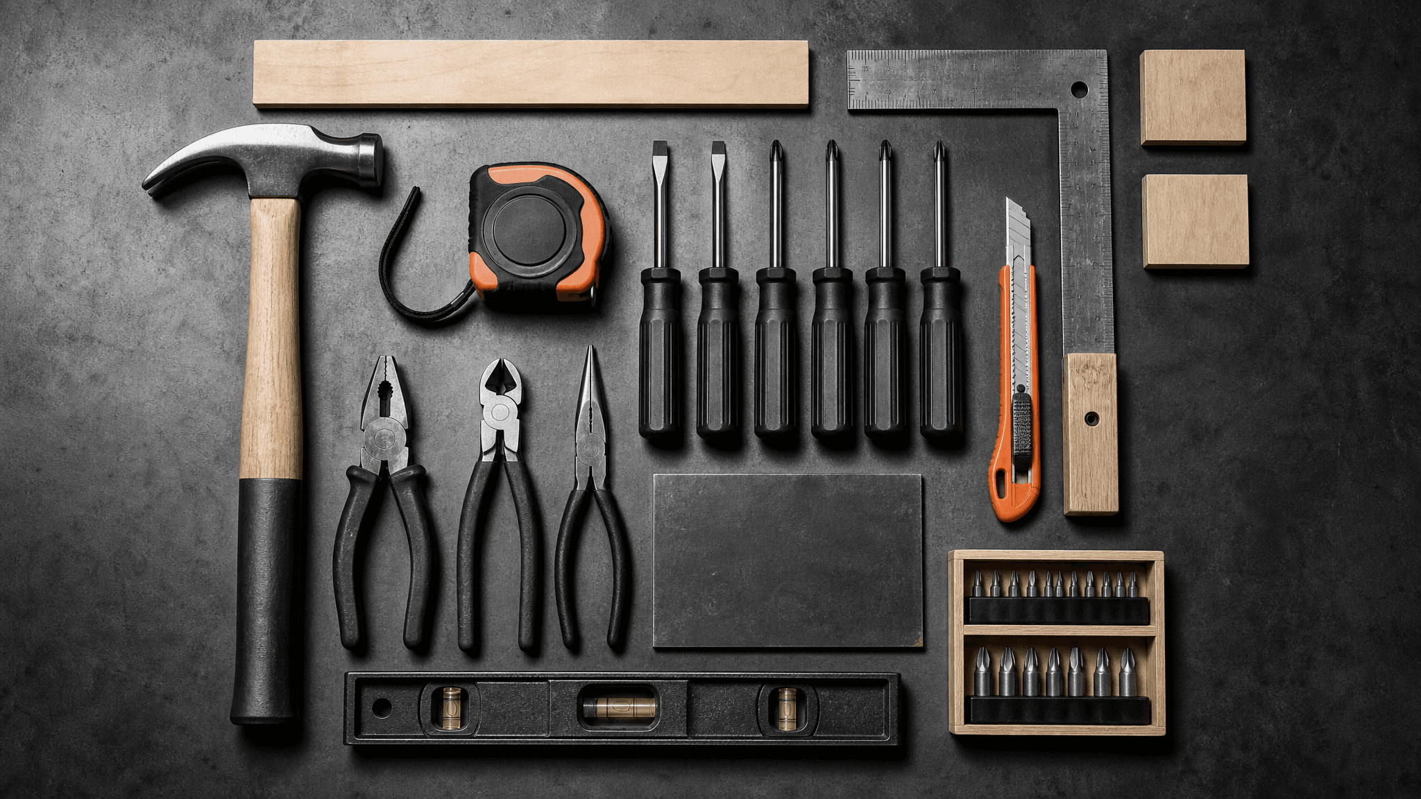 An organised workbench with a curated hand-tool kit laid out in a clean grid
